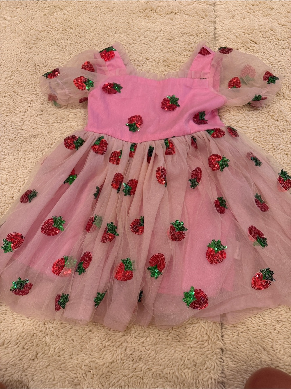 Lola + The Boys Pink Tulle Dress with Red Strawberry Appliqués